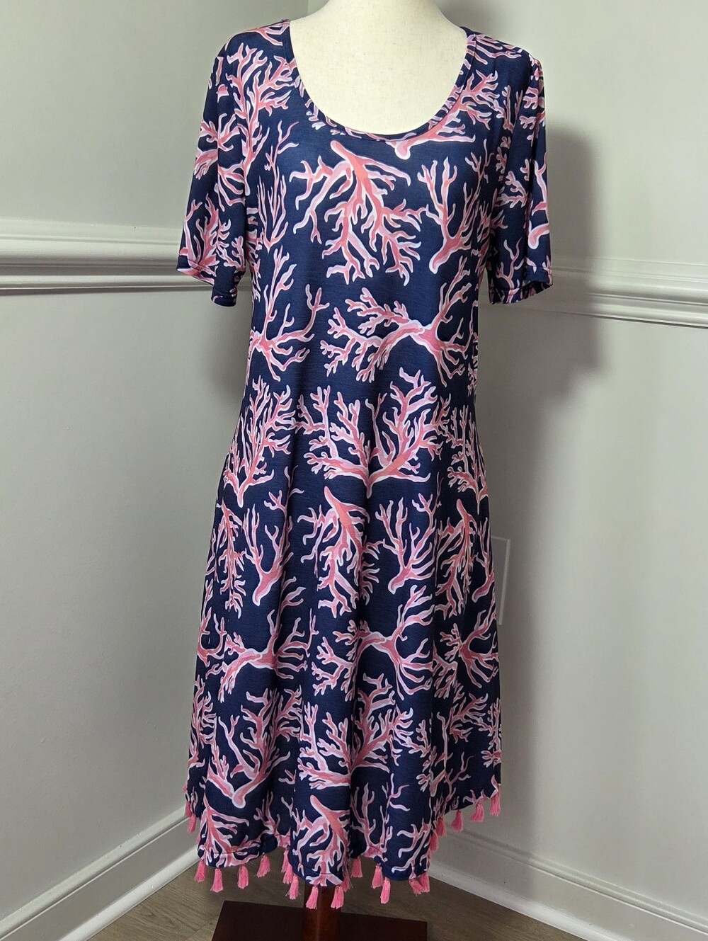 Simply Southern Naples Coral Reef Tassel Dress Coastal Beach Medium Pockets